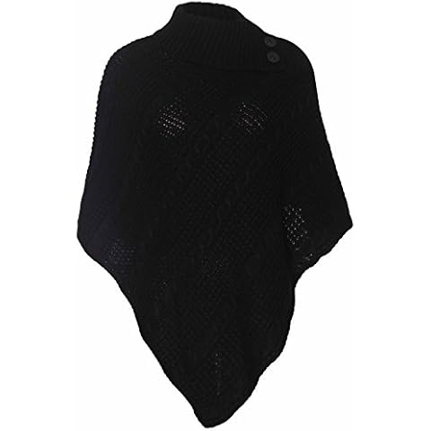 Hina Fashion Women Ladies Long knitted 3 Button Poncho Cape Shawl Wrap Jumper Top (One Size Fits 8-18, Black) Cover