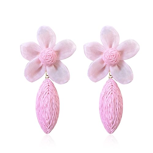 YUNXI Raffia Flower Earrings Raffia Straw Wrapped Flower Teardrop Drop Dangle Earrings Summer Tropical Beach Jewelry (Pink)