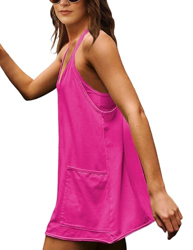 Image of Lentta Womens Athletic Sleeveless Mini Dress with Built-in Shorts V Neck Spaghetti Strap Sundress