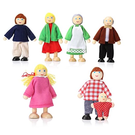Jzszera Wooden Family Dollhouse People Set of 7 Small Dolls, Mini Family Figures for Dollhouse Pretend Play, Classic Doll House Accessories for Girls Toddler Kids Children Toy
