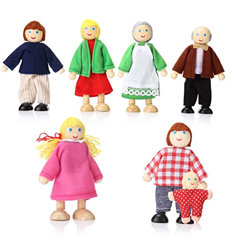Holz Puppenhaus Familie Set von 7-köpfige Familie für Puppenhaus, Biegepuppen Figuren Zubehör Puppenfamilie für Kinder Geschenk