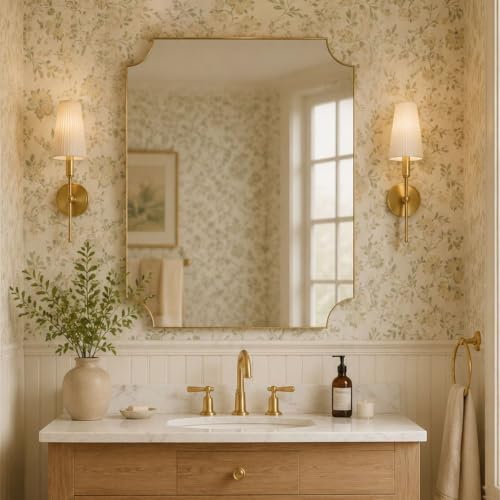 Image of TEHOME Gold Bathroom Mirrors, Brushed Brass Rectangle Scalloped Vanity Mirror for Bathroom,24x30''