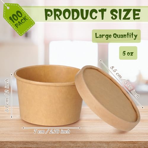 Image of Fulmoon 5 oz 100 Pack Paper Containers with Lids Soup Bowl Cup, Brown | Disposable Ice Cream Cup, Kraft Food Containers with Vented Lid Stackable for Hot Soup Dessert Cake Fruit Microwave Takeout
