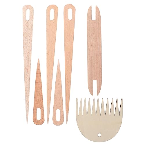 IWOWHERO 7-Piece Natural Wooden Stick Set Knitting Shuttle Crochet Set for Weaving Projects