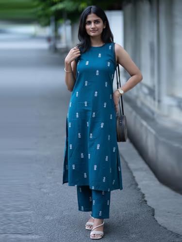 Image of GoSriKi Women's Viscose Printed A-Line Kurta with Pant | Sleeveless Ethnic Kurta Set for Women | Casual Office Kurta Pant Set | Festive & Daily Dress Traditional Outfit