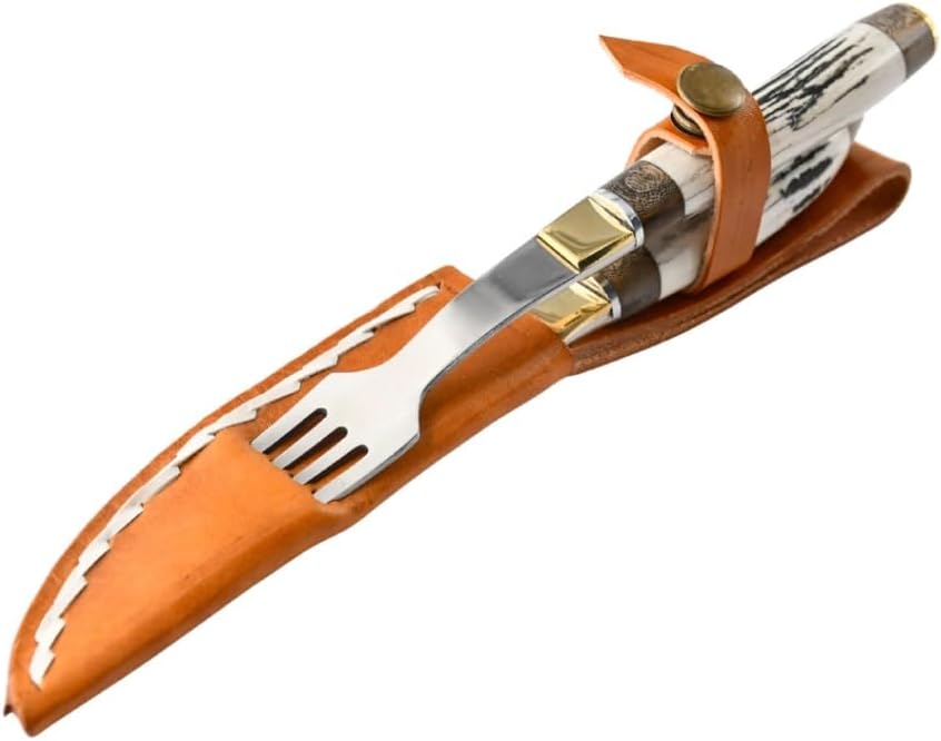 Gaucho Barbecue Set with Knife and Fork Stainless Steel with Deer Handle and Cow Skin Sheath. Sor Pampa Grill