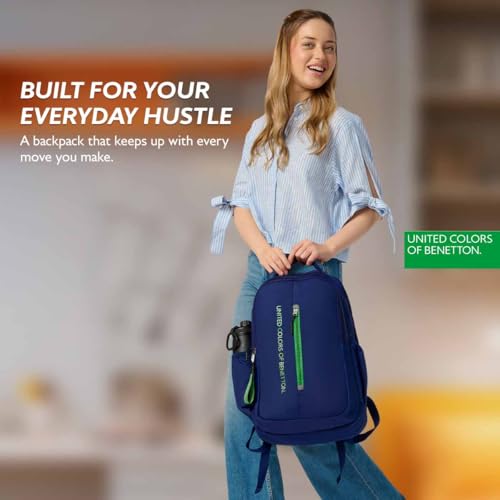 Image of United Colors of Benetton Unisex High-School Backpack RUNWAY | 3-Compartment Slim Design with Branded Print | Backpack for School Girls and Boys | 25L Capacity
