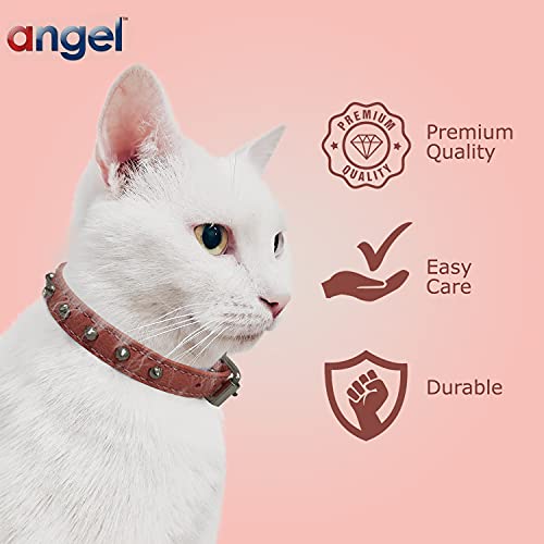 Studded Cat Collar, Genuine Leather Kitten Collar, Sturdy Breakaway Cat Collar With Bell And Elastic Stretch, Cat Accessories, Bubblegum Pink, 10 X 1/2 Inches - Angel Pet Supplies #TOP4