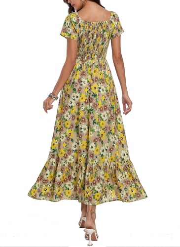 Image of Summer Smocked Boho Maxi Dress for Women 2026 Short Sleeve Floral Smocked Flowy Ruffled Beach Vacation Dresses Lightweight