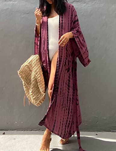 Image of Bsubseach Stylish Tie Dye Open Front Long Kimono Swimsuit Coverup for Women