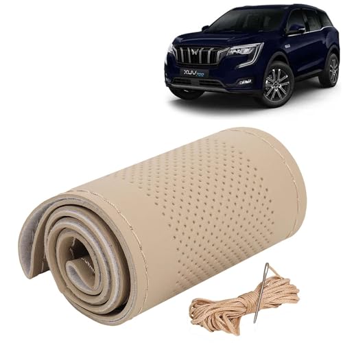 Image of KINGSWAY PU Leatherite Car Steering Cover Sewable Compatible with Mahindra XUV 700 (Year 2021 Onwards), Beige Color with Beige Thread, Pack of 1 with Sewing Needle and Thread
