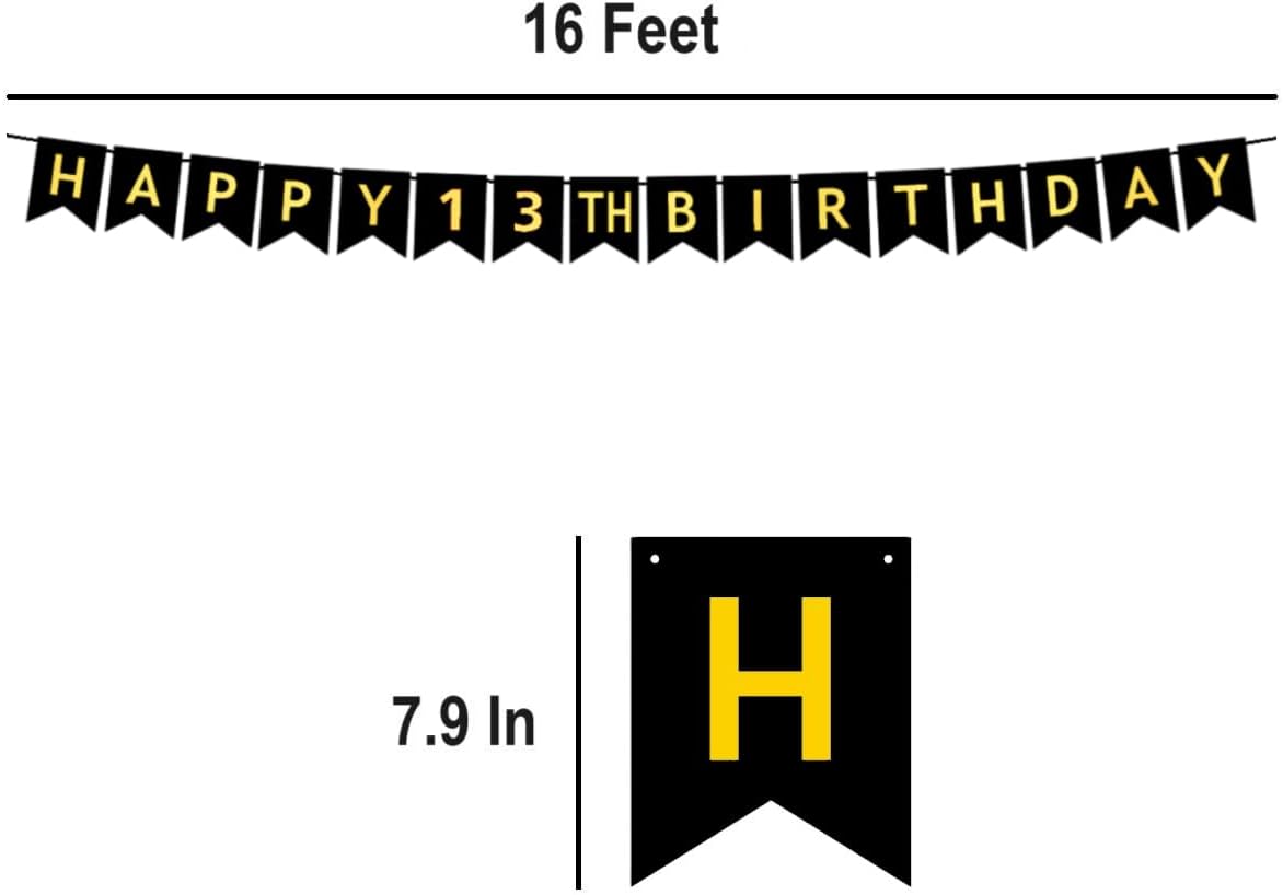 HAPPY 13TH BIRTHDAY Banner, Pre-Strung, Black Gold 13th Birthday Party Decorations, Happy 13 Year Old Bday Party Bunting, Thirteen Birth Flag
