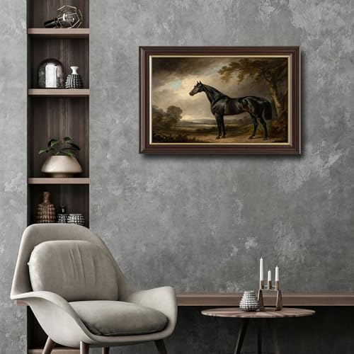 Image of Framed Vintage Black Horse Canvas Wall Art, Antique Equestrian Oil Painting Canvas Prints Pictures, Classic Farmhouse Wall Decor for Living Room Bedroom Office Man Cave