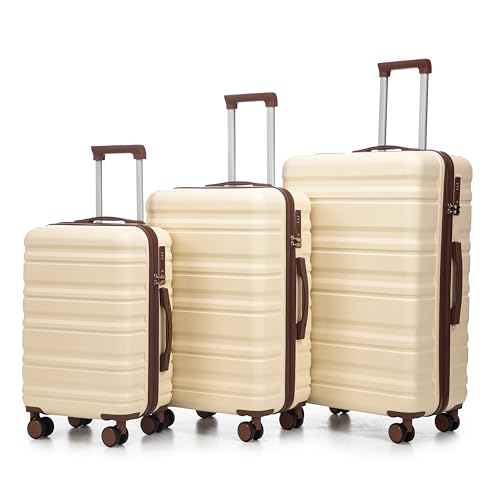 3-Piece Hardshell Luggage Set, 20/24/28 Inch Spinner Suitcases with TSA Lock, Cream/Brown, 360° Wheels