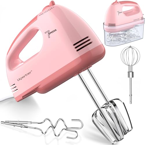 Image of LILPARTNER Electric Hand Mixer with Storage Box, Ultra Power Kitchen Hand Mixer With 7-Speed & 5 Stainless Steel Accessories for Whipping Dough, Cream, Cake, Dishwasher Safe, LIGHT PINK BOX