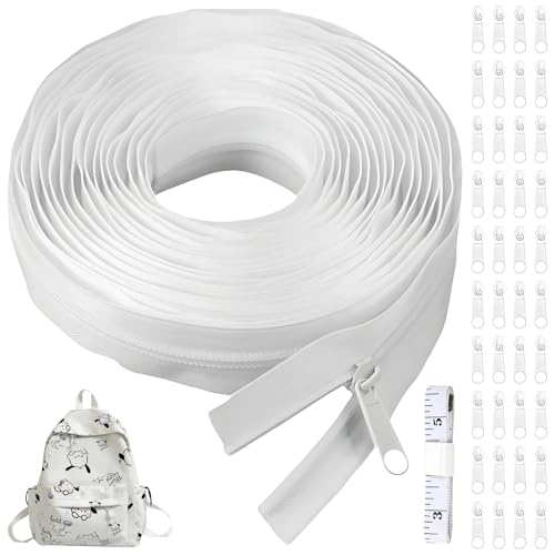 20m Continuous Nylon Coil Zipper White Zips for Sewing with 40 Sliders Metal Heavy Duty Zip with Soft Tape Measures for DIY Sewing Tailor Craft Supplies