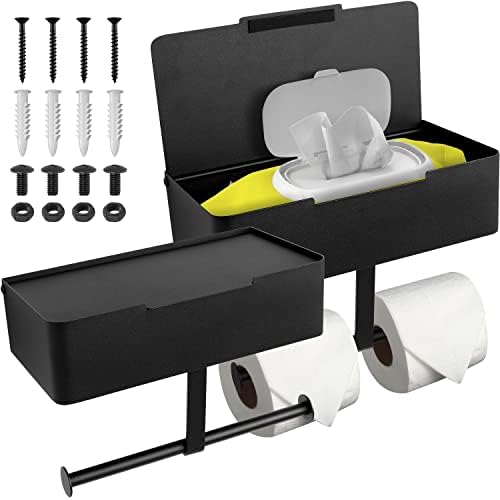 Toilet Paper Holder with Shelf (Set of 2) Toilet Paper Holder with Flushable Wipes Dispenser, Bathroom Toilet Paper Holder with Storage, Toilet Paper Holder Wall Mount (Matte Black Paint)
