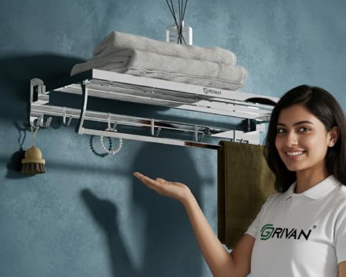 Image of GRIVAN Premium Stainless Steel 24 Inch Foldable Towel Rack /Shelf /Stand for Bathroom, Towel Holder with Hooks and Hanger (Silver Chrome Finish)