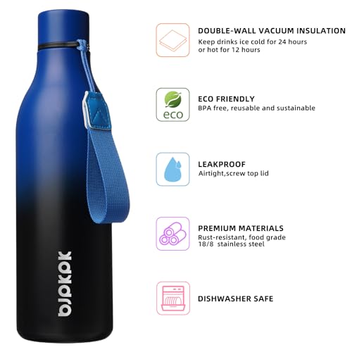 Image of BJPKPK Insulated Water Bottles, 25 oz Stainless Steel Metal Water Bottle with Strap, BPA Free Leak Proof Jugs, Mugs, Flasks, Reusable Thermal Flasks for Sports & Travel, Blue Black