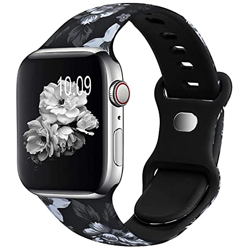 OriBear Watch Band Compatible with Apple Watch Bands 38mm 40mm 41mm Elegant Floral iWatch Bands for Women, Soft Silicone Pattern Printed Replacement Strap for Apple Watch Series SE/7/6/5/4/3/2/1