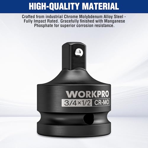 Image of WORKPRO CR-MO 3 /4F to 1 /2M Impact Socket Adapter, Square Drive Reducer | CR-MO Steel, Ball-Detent Retention and Phosphate Finish; 3 /4F-to-1 /2M Conversion for Impact Wrenches, Ratchets and Sockets