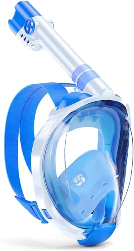 Image of Delavala Full Face Snorkeling Mask Diving Gear - Dry Top System,180 Degree Panoramic View Snorkeling Mask with Camera Mount,Safe Breathing,Anti-Leak Anti-Fog-Swim Fins (Blue - Large /X-Large)