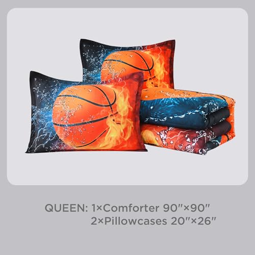 Image of Andency Basketball Comforter Queen(90x90 Inch), 3 Pieces(1 Basketball Comforter, 2 Pillowcases) Sport Microfiber Comforter Set Bedding Set for Kids Boys Girls Teens