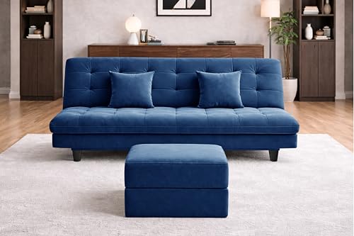 Image of Rosebell Modern Three-Seater Sofa Cum Bed - Foldable Velevt Fabric Sofa, Foam Seating, Stylish Design for Living Room, Guest Room & Office - Blue Color
