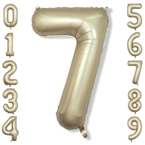 Image of 40 Inch Balloon Number 7 Metallic Gold, Large Mylar Foil Light Gold Number Seven Balloons for Girls Women, Champagne Gold Globos de Numero 7 Helium Balloons for Boys Men 7th Birthday Party Decorations