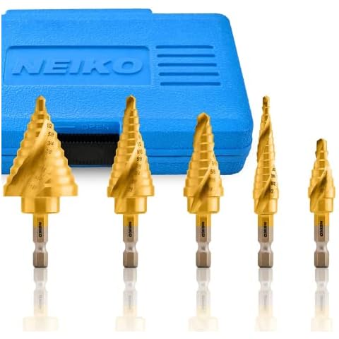 NEIKO 10173A Step Drill Bit Set for Metal and Wood, 5 Piece SAE, Spiral Grooved for Faster Drilling, Step Bits with 50 Total Step Sizes, Titanium Coated Unibits Cover