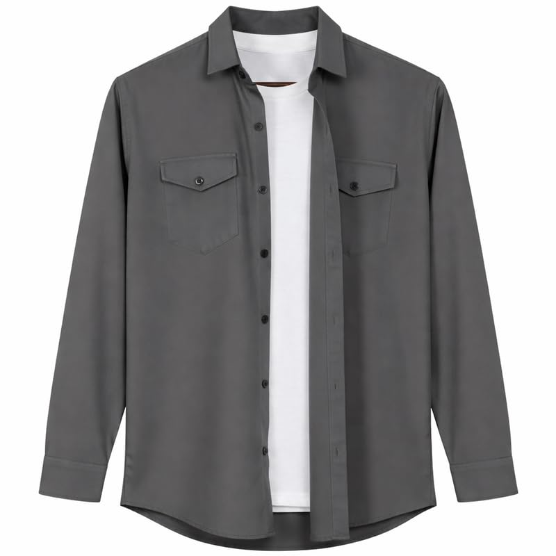 Image of DEELMO Men Solid Slim Fit Casual Overshirt Style Shirt | Full Sleeve Button-Down Layering Shirt Smart Casual Look