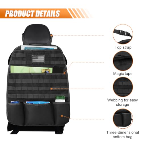 Tactical Molle Car Seat Back Organizer, Vehicle Panel Car Seat Back Cover Protector with 5 Storage Pouch, Universal Backseat Storage Organizer with USA Flag Patch for Car SUV Truck MPV (Black-1 Pc)