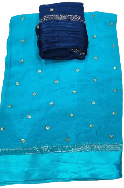 Image of Pure Georgette Sequence Work Saree with Contrast Blouse, Satan Patta Fabric