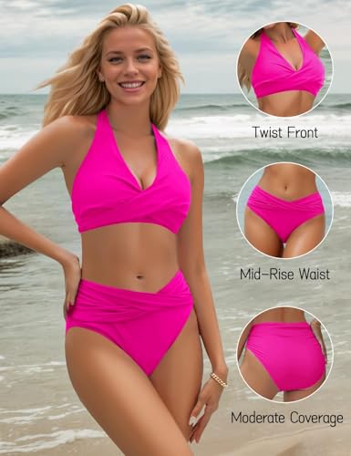 Image of Sopliagon Women's Bikini Sets Twist Front Two Piece Swimsuit Halter Bathing Suit