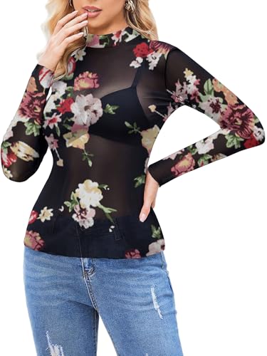 Womens Mesh Sheer Tops Long Sleeve Mock Neck Sexy See Through Shirts Floral Blouses Y2k Layering Top2