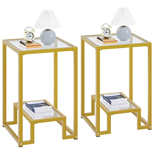 Yaheetech Juego de 2 Mesas Laterales de Cristal Mesas Bajas de Salón Estructura de Vidrio Templado y Metal Mesas de Sofá Salón Mesitas de Noche Moderno de Dormitorio Dorado 40x40x61,5 cm
