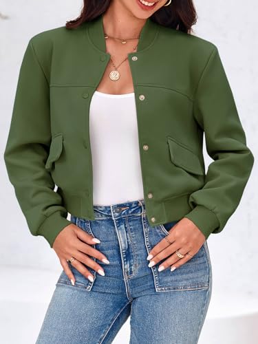 Image of Tankaneo Womens Cropped Bomber Jackets Casual Button Down Long Sleeve Stand Collar Varsity Shacket Coats
