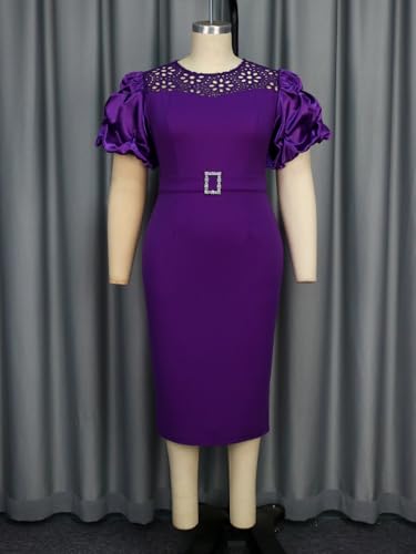 ONTINVA Women's Elegant Lace Crochet Puff Sleeves Belt Bodycon Midi Dress Party Work Evening Hollow Out Pencil Dresses4