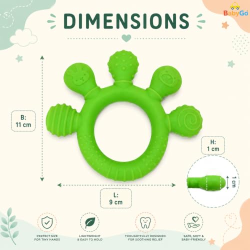 Image of BabyGo 2-in-1 Baby Teether & Sensory Ring | Soft Silicone Multi-Textured Chew Toy for Gum Soothing | Mouthing & Sensory Development | Easy-Grip Toy for Infants 3-12 Months | Green | Pack of 1