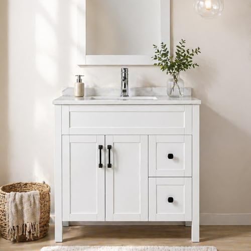 wonline 32' Bathroom Vanity Cabinet and Man-Made Stone Countertop Combo Undermount Ceramic Vessel Sink Chorme Faucet Drain with Mirror Vanities Set White