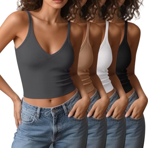 Image of 4 Pieces V Neck Tank Tops for Women Spaghetti Strap Crop Top Cotton Basic Fitted Summer Cami Shirts