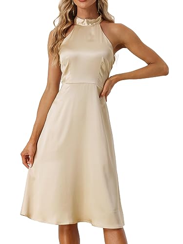 Allegra K Damen Etuikleid Ärmellos Neckholder Satin Midikleid Seitlicher Reißverschluss Hohe Taille Elegant Party Cocktail Kleid Champagner L