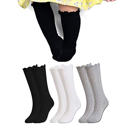 Image of Epeius Baby Girls Boys Cotton Uniform Knee High Socks Tube Ruffled Stockings (Pack of 3 /5)