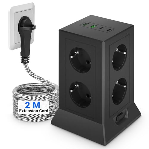 Steckdosenturm mit USB C,8Fach Mehrfachsteckdose mit Schalter,Steckdosenleiste Überspannungsschutz Flachstecker mit 2M Kabel für Büro und Heim, Mehrfachstecker Steckdosenadapter, Schwarz
