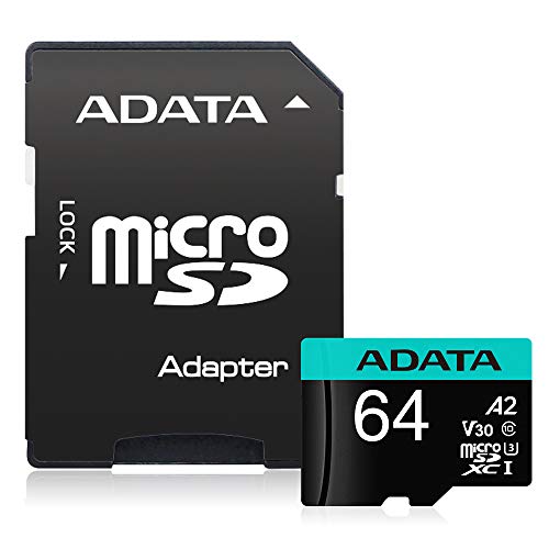 ADATA 64GB Premier Pro microSDXC/SDHC UHS-I アダプター付きメモリーカード - C10, U3, V30, 4K, A2, Micro SD - AUSDX64GUI3V30SA2-RA1 64GB AUSDX64