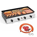 ROVSUN Gasgrill mit 4 Brennern,Gas grill Camping 9,6 kW, Gasgrill aus Edelstahl, Tischgrill, Emaillierter Antihaft-Grillplatte & Ein-Klick-Zündung für Camping, Garten & Strand