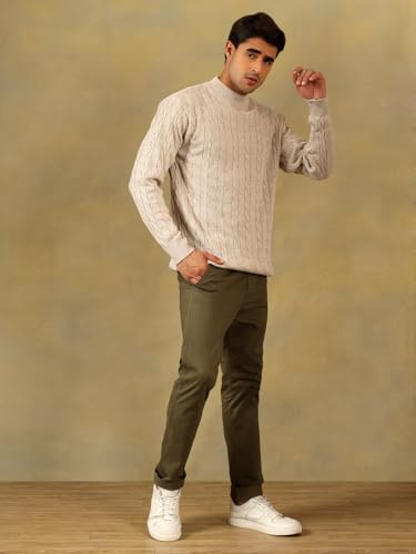 Image of Kvetoo Men's High Neck Cable Knit Sweater | Winter Pullover | Warm Wool Blend |Casual Full Sleeve Sweater for Men | Stylish Ribbed Neck Slim Fit Winterwear