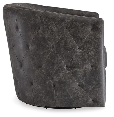 Image of Signature Design by Ashley Swivel Black Faux Leather Accent Chair | Elegant tufted faux leather with brass nailheads, Hidden metal swivel base for effortless conversation, Brentlow Series