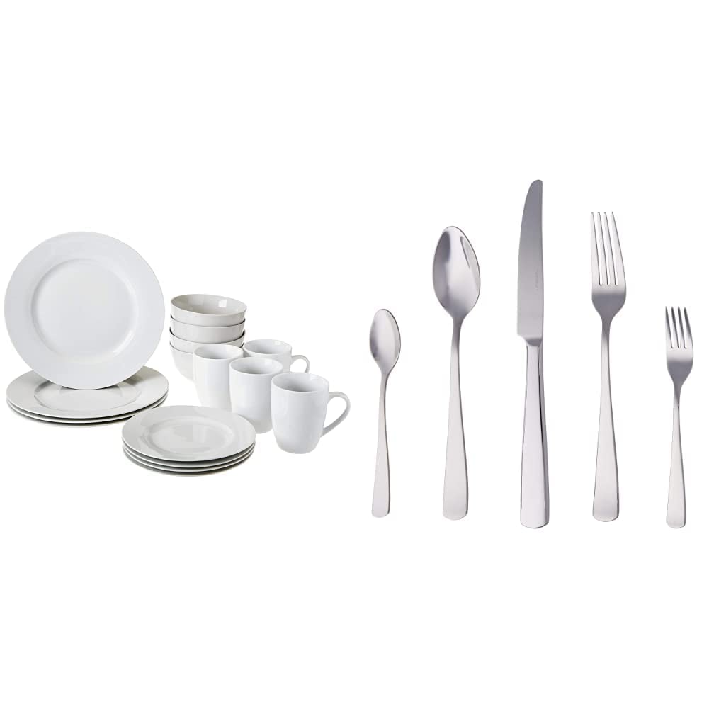 Amazon BasicsDinnerware Set, Service for 4, 16-Piece & 20-Piece Stainless Steel Flatware Set with Square Edge, Service for 4