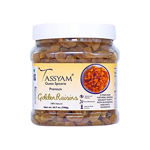 Tassyam Golden Raisins Healthy Juicy Hand-Sorted Jumbo Indian Kishmish Jar, 700g Cover